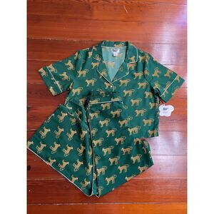Bouffants & Broken Hearts Leopard Christmas Pajama Set M NWT Green